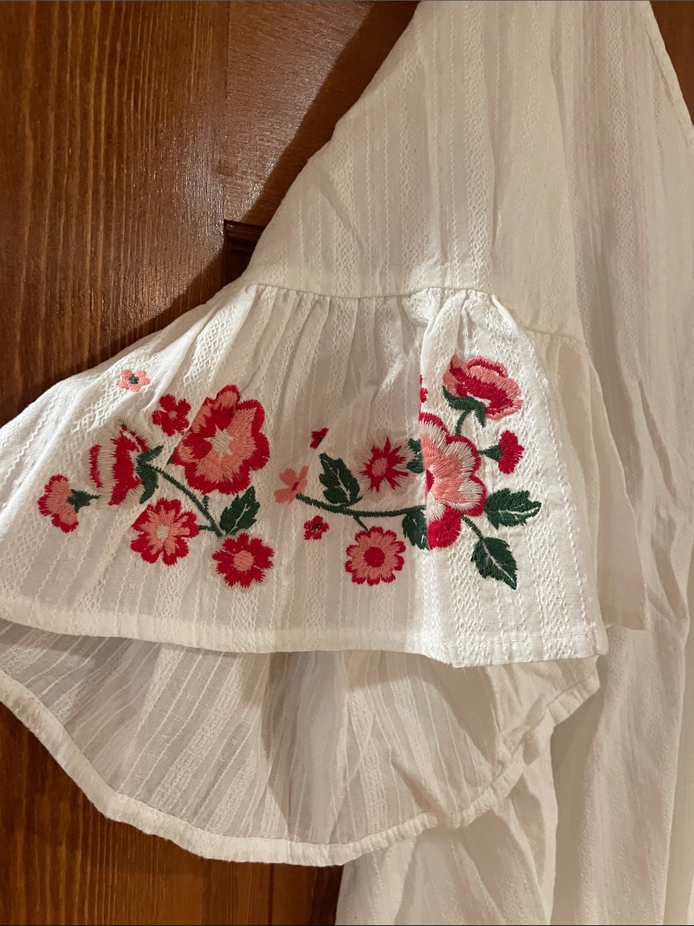 Ava & Viv Cream V-Neck Flutter Sleeve Blouse with Pink Floral Embroidery - Picture 2 of 7